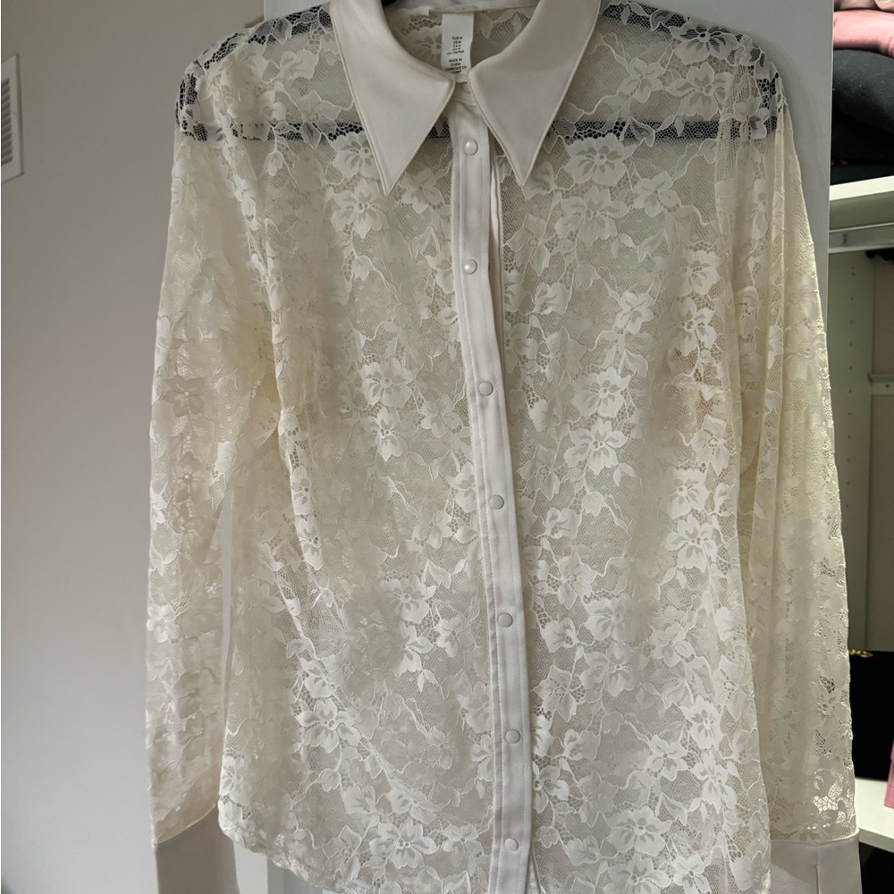 H&M Ivory Lace Button-Up Blouse
